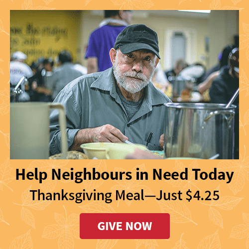 This man is enjoying a Thanksgiving meal because of geneorus donors who help support the mission. The image is asking you to give today.